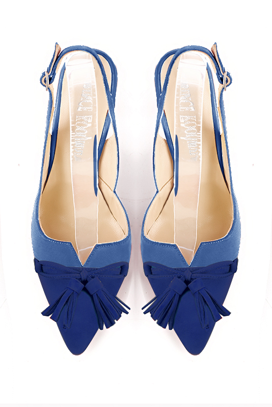Electric blue women's open back shoes, with a knot. Tapered toe. High slim heel. Top view - Florence KOOIJMAN